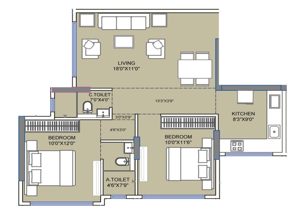 Floor plan of 2 BHK 819 Sq. Ft. Apartment in Konark Ganesh Chhaya, Mumbai