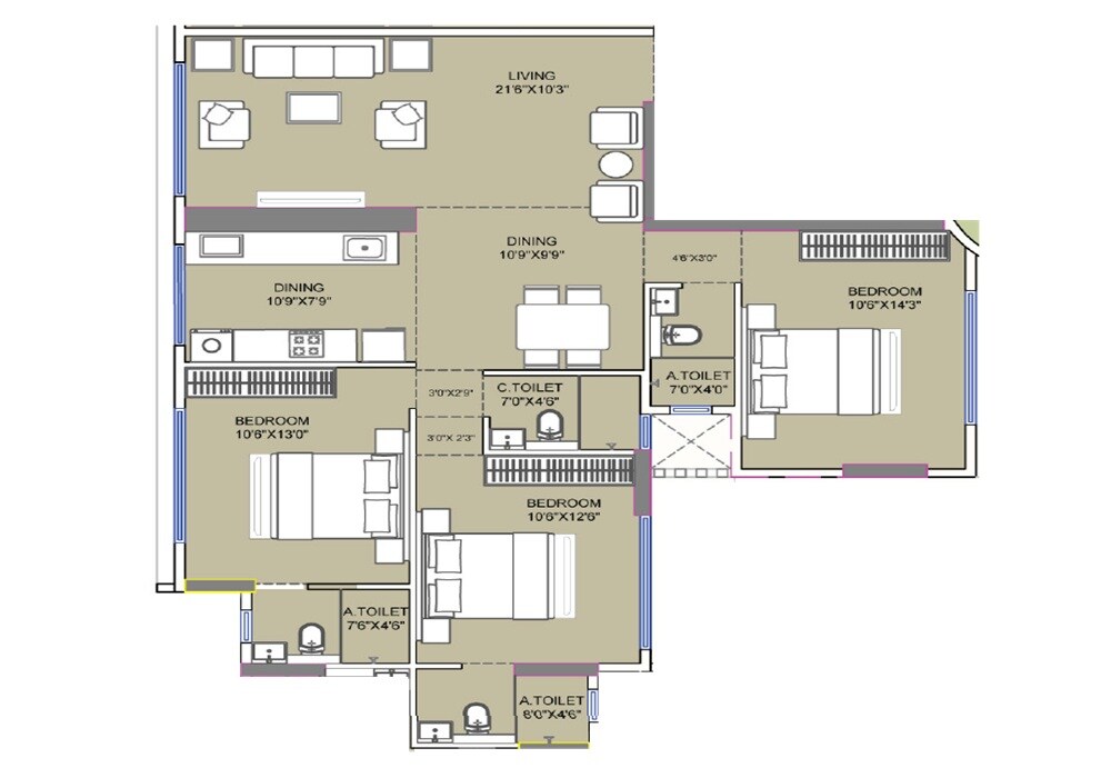 Floor plan of 3 BHK 1265 Sq. Ft. Apartment in Konark Ganesh Chhaya, Mumbai
