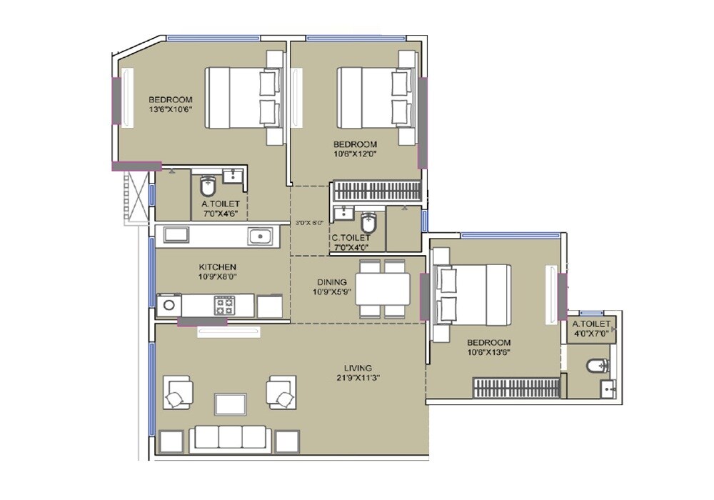Floor plan of 3 BHK 907 Sq. Ft. Apartment in Konark Ganesh Chhaya, Mumbai