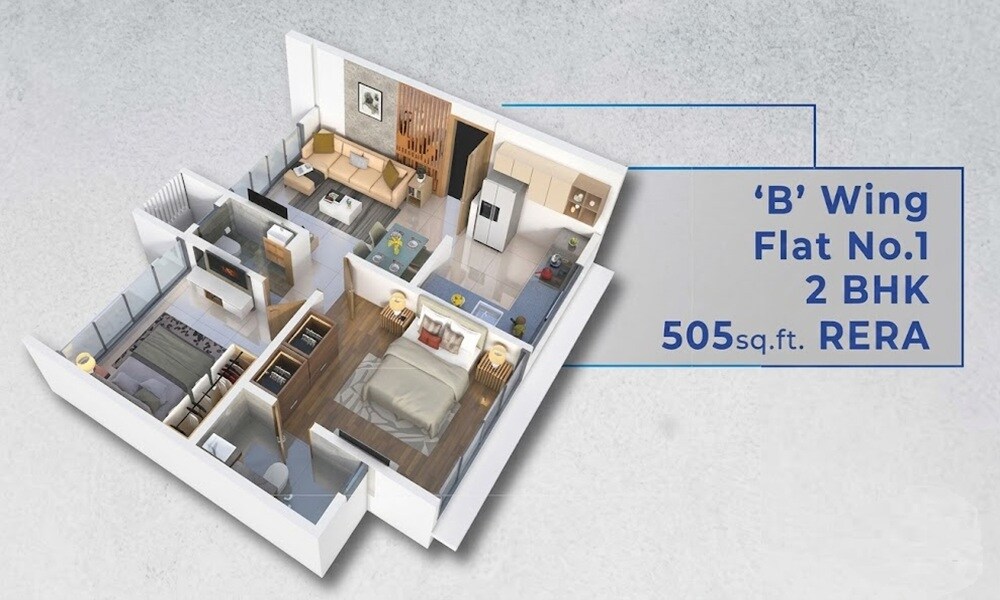 Floor plan of 2 BHK 505 Sq. Ft. Apartment in Konark Ganga Niwas CHS, Mumbai
