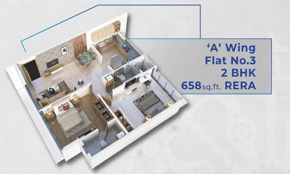 Floor plan of 2 BHK 658 Sq. Ft. Apartment in Konark Ganga Niwas CHS, Mumbai