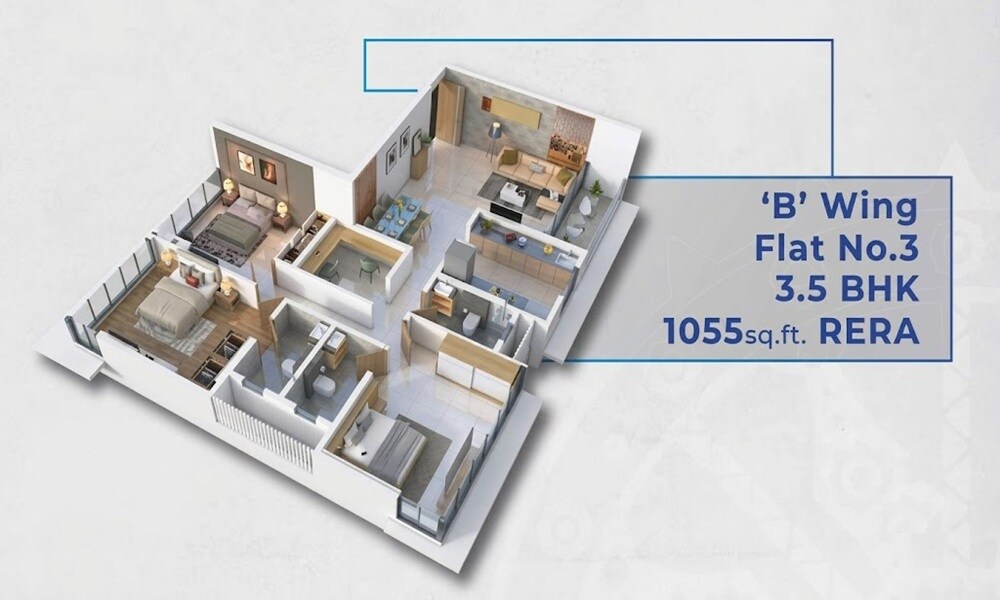 Floor plan of 3 BHK 1054 Sq. Ft. Apartment in Konark Ganga Niwas CHS, Mumbai