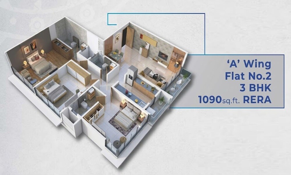 Floor plan of 3 BHK 1091 Sq. Ft. Apartment in Konark Ganga Niwas CHS, Mumbai