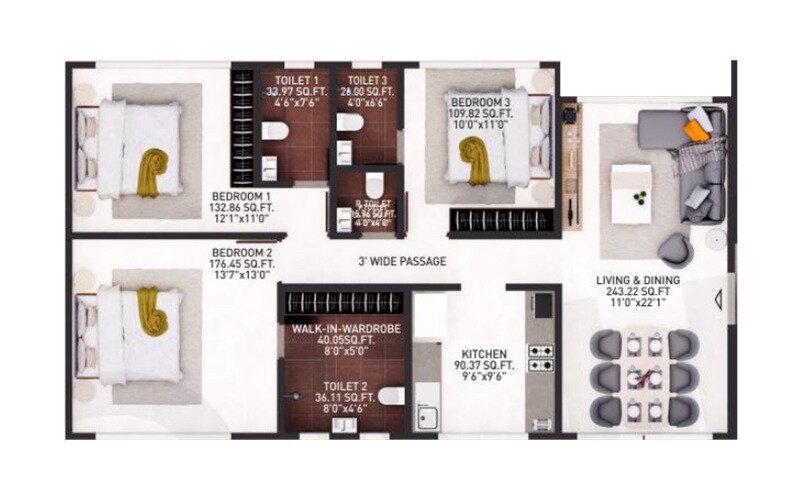 Floor plan of 3 BHK 1040 Sq. Ft. Apartment in Konark Shyam Niwas CHS, Mumbai