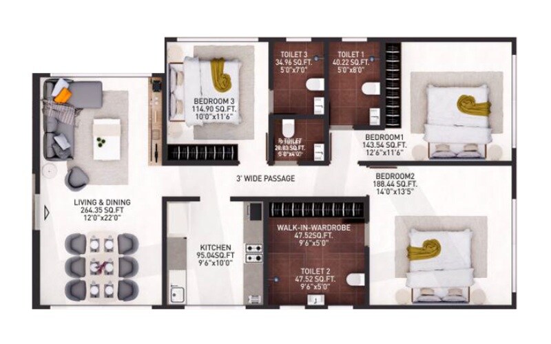 Floor plan of 3 BHK 1141 Sq. Ft. Apartment in Konark Shyam Niwas CHS, Mumbai