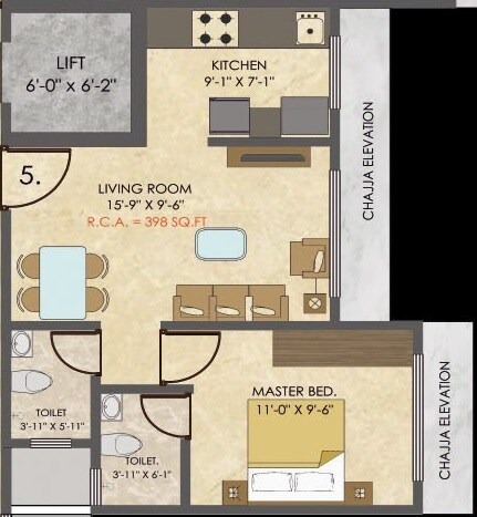 Floor plan of 1 BHK 398 Sq. Ft. Apartment in Konark Zen Gardens, Mumbai
