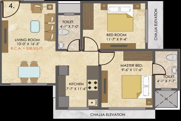 Floor plan of 2 BHK 558 Sq. Ft. Apartment in Konark Zen Gardens, Mumbai
