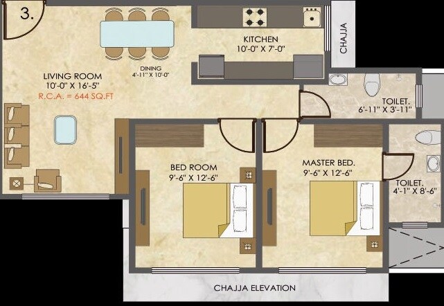 Floor plan of 2 BHK 644 Sq. Ft. Apartment in Konark Zen Gardens, Mumbai