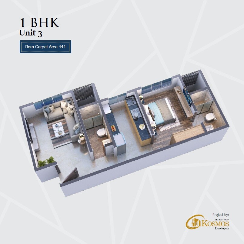 Floor plan of 1 BHK 444 Sq. Ft. Apartment in Kosmos Neha CHS, Mumbai