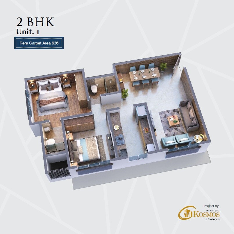 Floor plan of 2 BHK 636 Sq. Ft. Apartment in Kosmos Neha CHS, Mumbai
