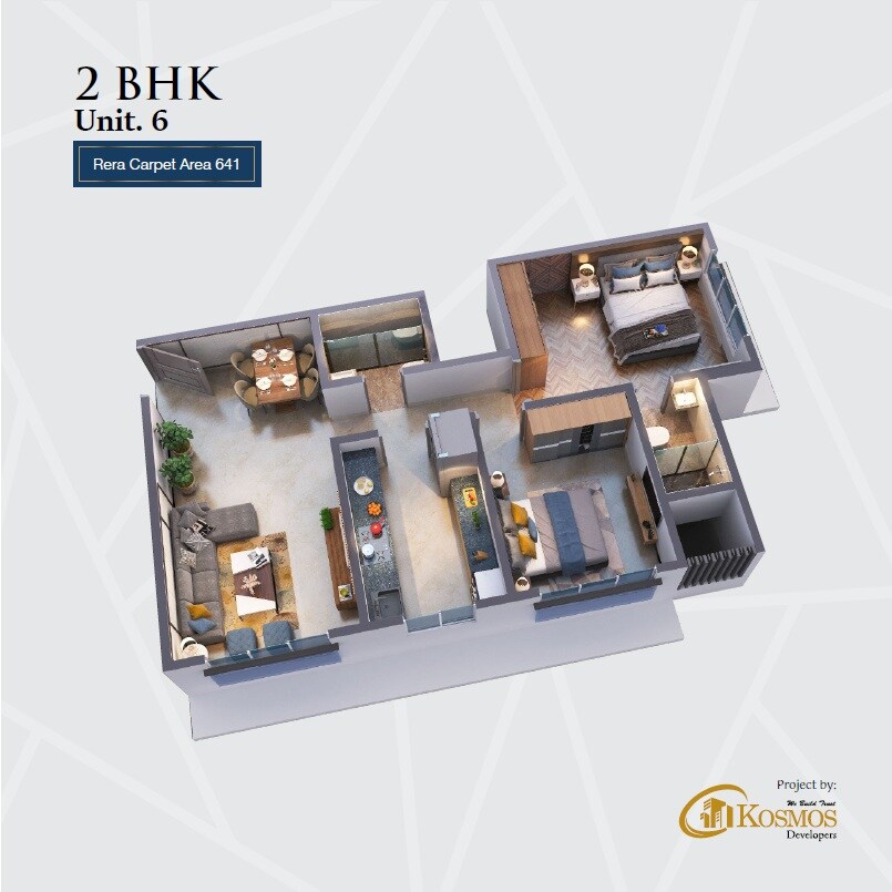 Floor plan of 2 BHK 641 Sq. Ft. Apartment in Kosmos Neha CHS, Mumbai