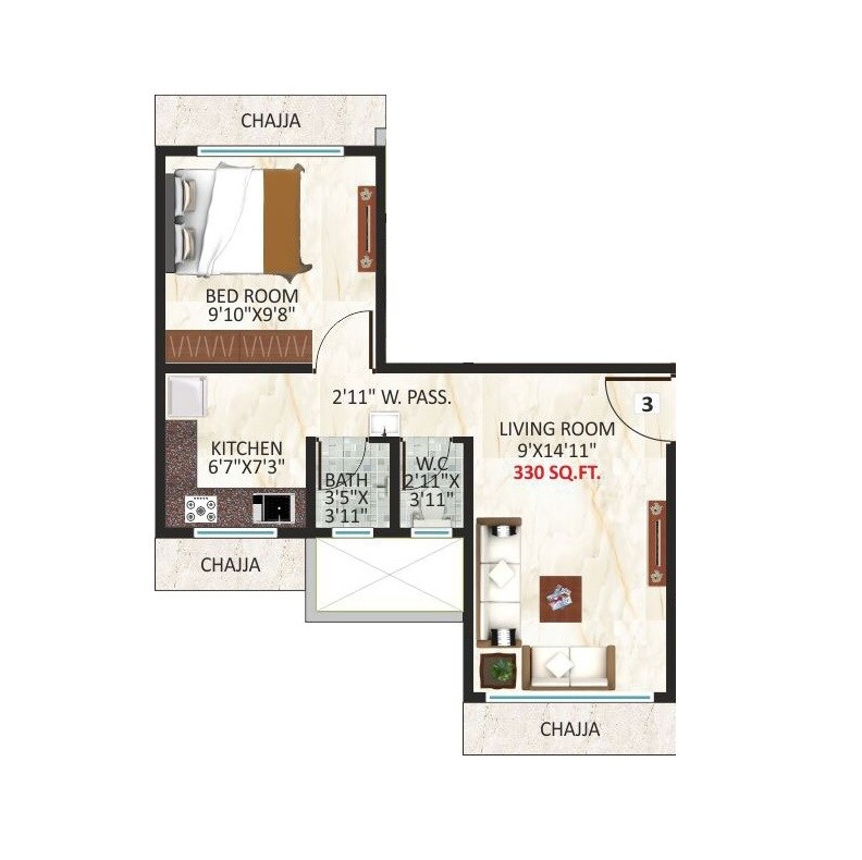 Floor plan of 1 BHK 330 Sq. Ft. Apartment in Kosmos Vinayak Tower, Mumbai