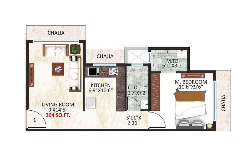Floor plan of 1 BHK 364 Sq. Ft. Apartment in Kosmos Vinayak Tower, Mumbai