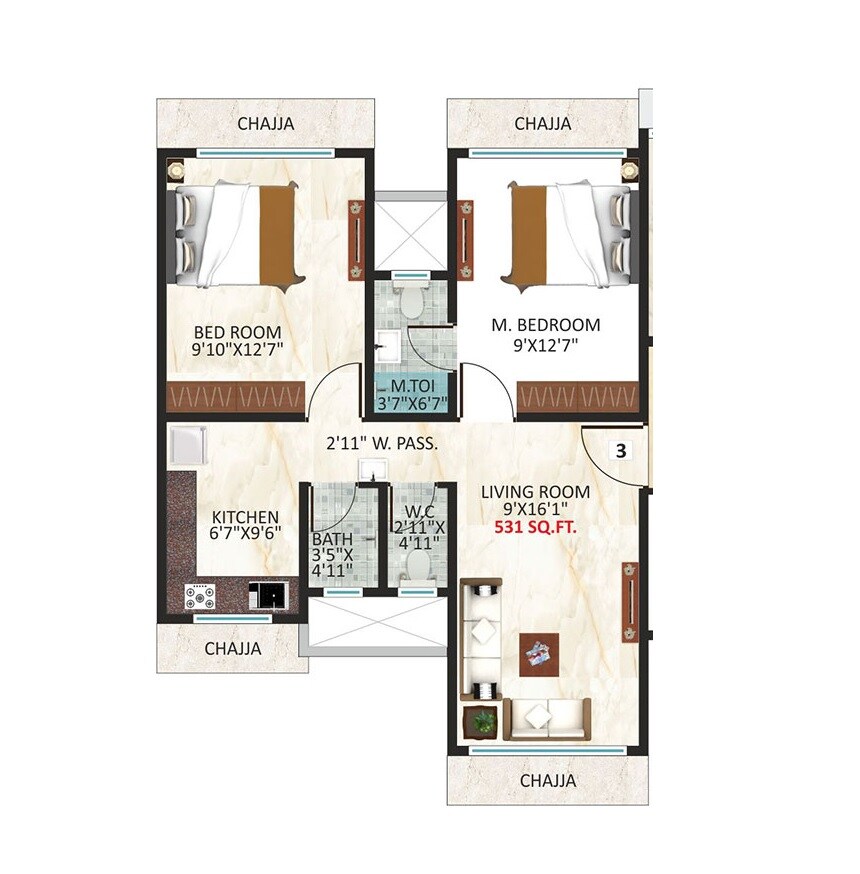 Floor plan of 2 BHK 531 Sq. Ft. Apartment in Kosmos Vinayak Tower, Mumbai