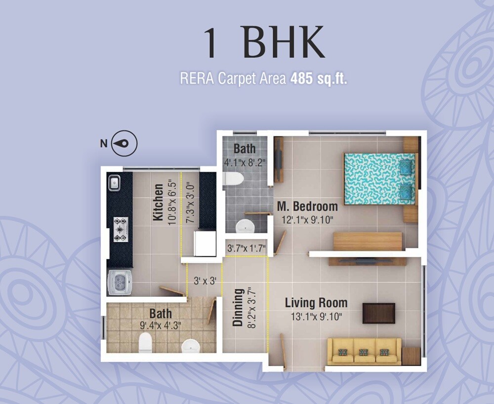 Floor plan of 1 BHK 485 Sq. Ft. Apartment in KP Krishna, Mumbai