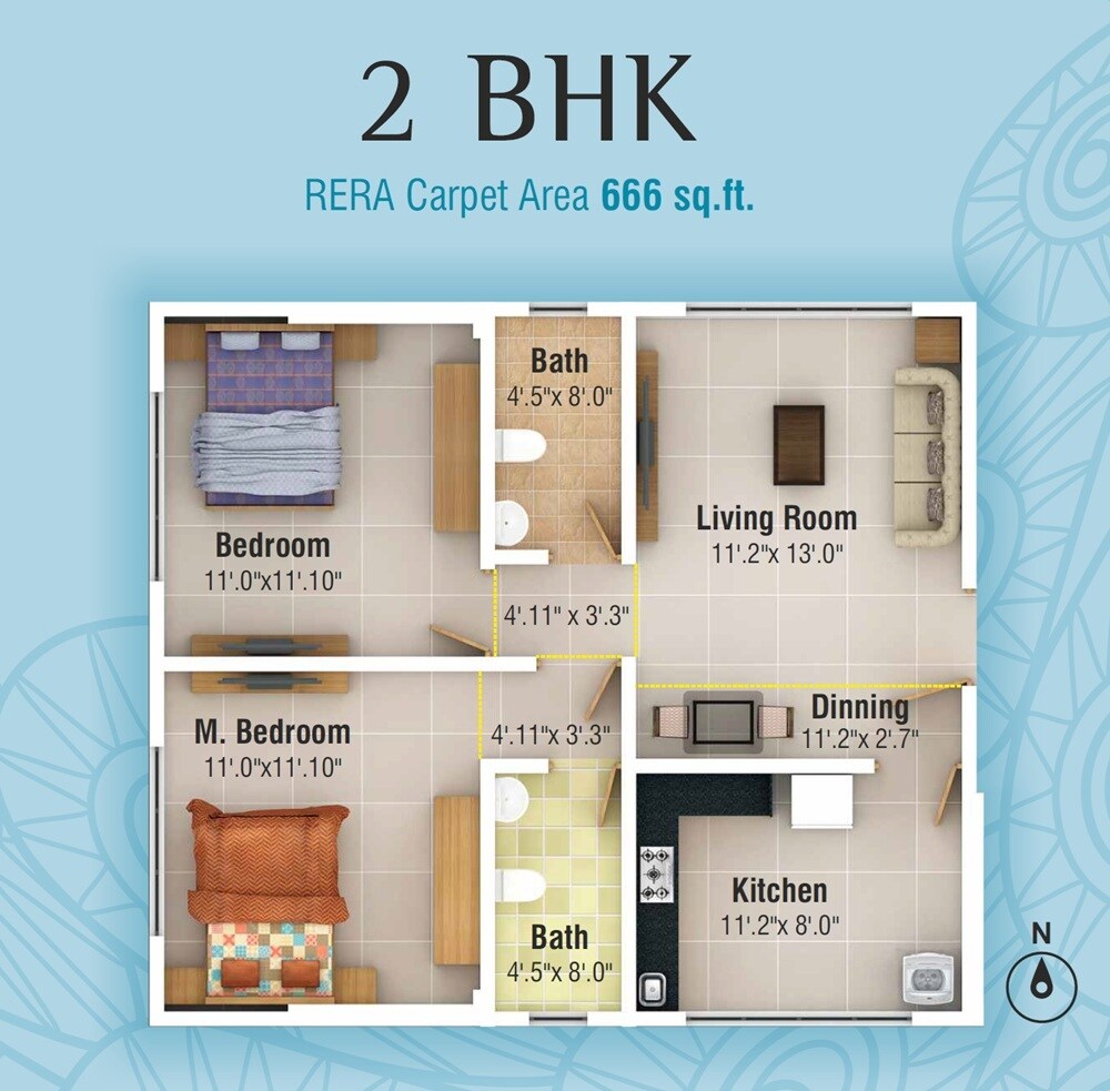 Floor plan of 2 BHK 666 Sq. Ft. Apartment in KP Krishna, Mumbai