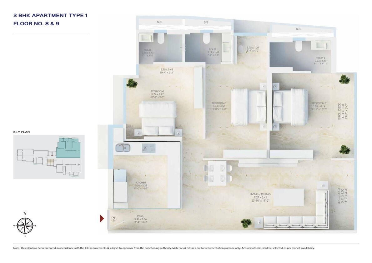 Floor plan of 3 BHK 944 Sq. Ft. Apartment in Kripa Allure, Mumbai