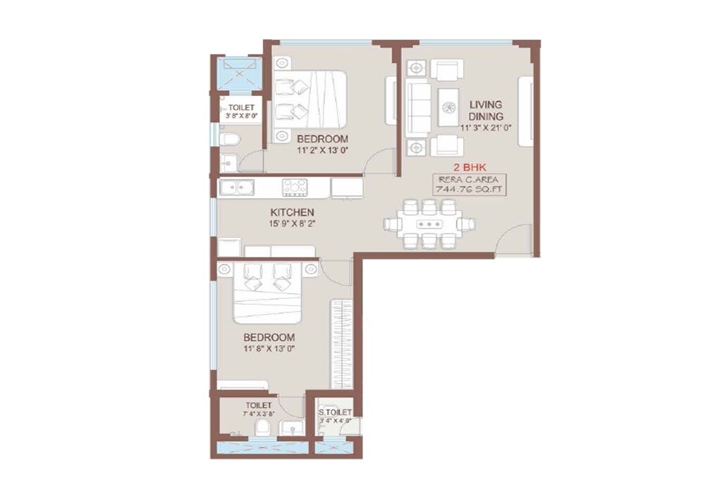 Floor plan of 2 BHK 744 Sq. Ft. Apartment in Kripa Aqua, Mumbai