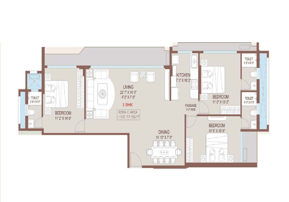 Floor plan of 3 BHK 1102 Sq. Ft. Apartment in Kripa Aqua, Mumbai