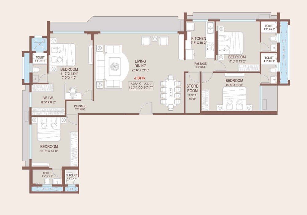 Floor plan of 4 BHK 1500 Sq. Ft. Apartment in Kripa Aqua, Mumbai