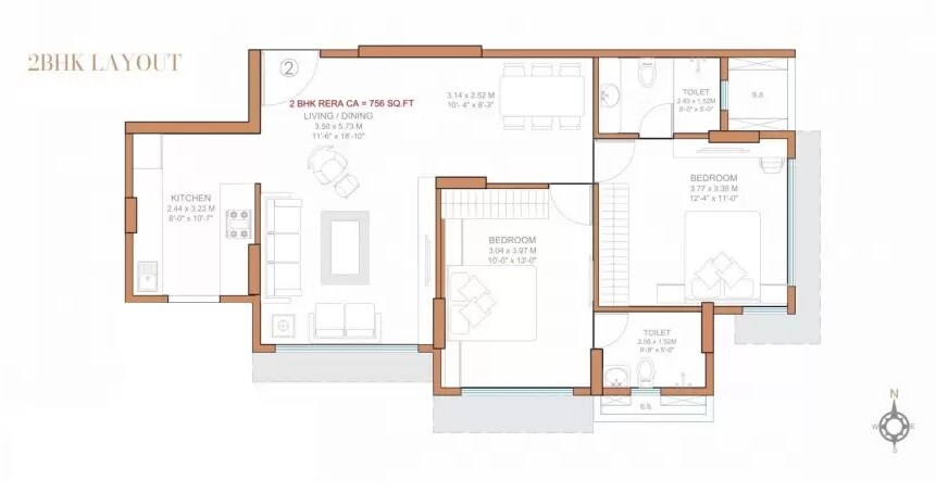 Floor plan of 2 BHK 756 Sq. Ft. Apartment in Kripa Vue, Mumbai