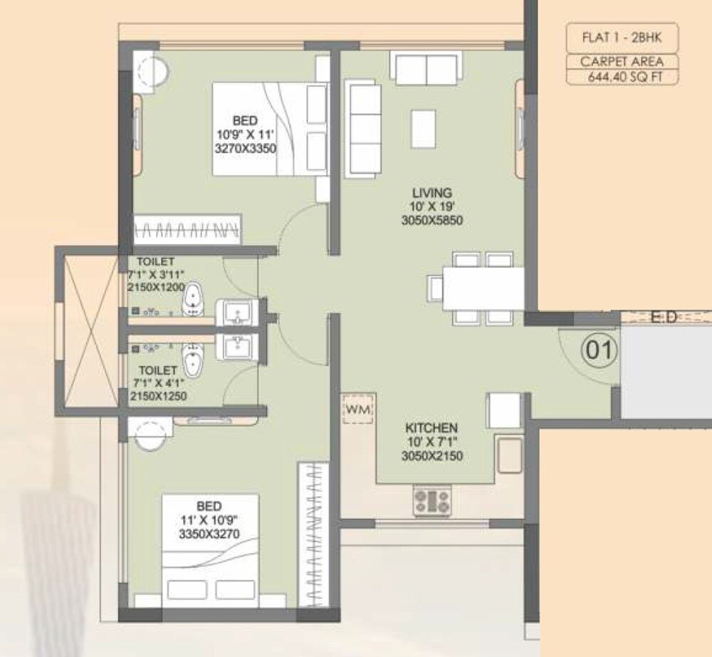 Floor plan of 2 BHK 644 Sq. Ft. Apartment in Krishna Milan Heights, Mumbai