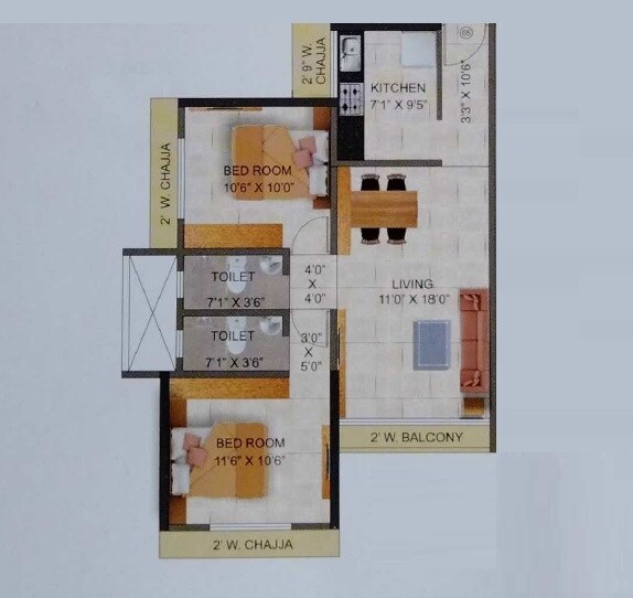 Floor plan of 2 BHK 679 Sq. Ft. Apartment in Kuber Heights, Mumbai
