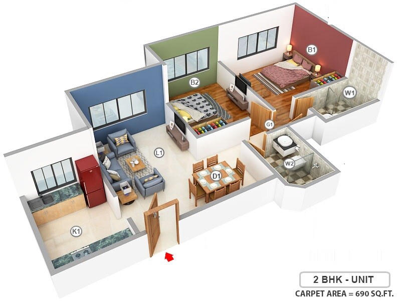 Floor plan of 2 BHK 690 Sq. Ft. Apartment in Kukreja Chembur Heights 2, Mumbai