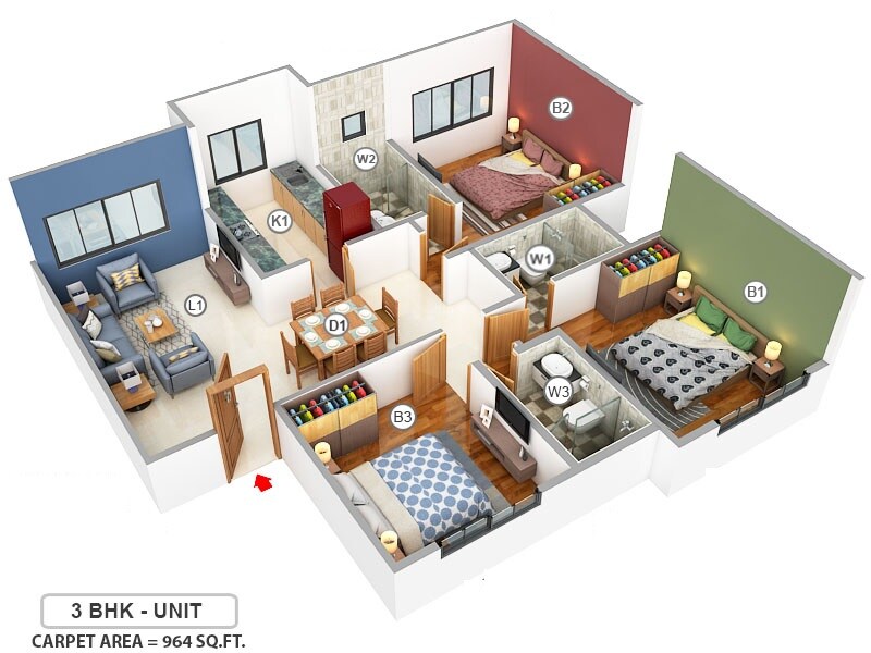 Floor plan of 3 BHK 964 Sq. Ft. Apartment in Kukreja Chembur Heights 2, Mumbai