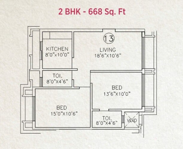 Floor plan of 2 BHK 668 Sq. Ft. Apartment in Kukreja Golf Scappe, Mumbai