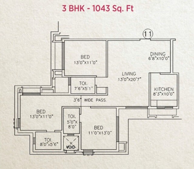 Floor plan of 3 BHK 1043 Sq. Ft. Apartment in Kukreja Golf Scappe, Mumbai