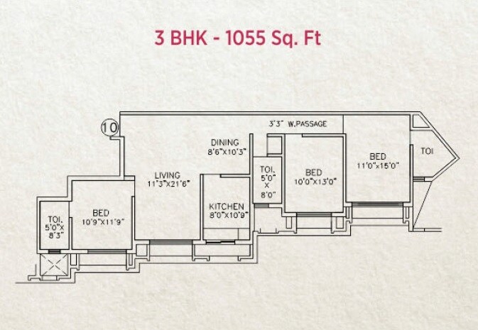 Floor plan of 3 BHK 1055 Sq. Ft. Apartment in Kukreja Golf Scappe, Mumbai