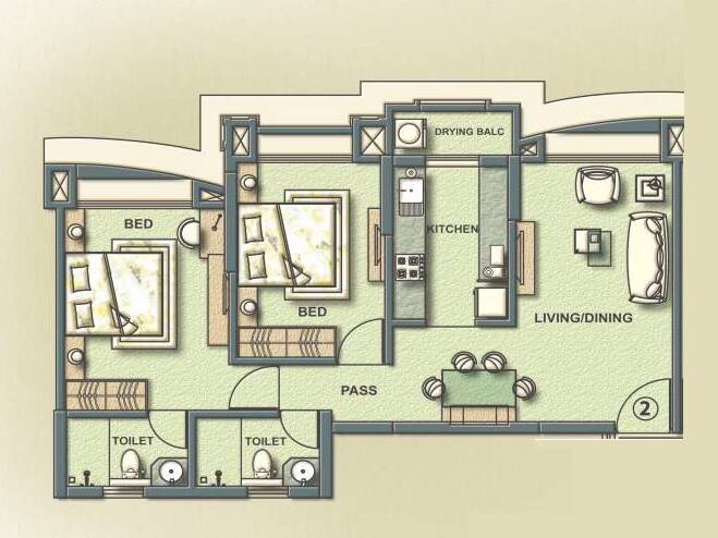 Floor plan of 2 BHK 851 Sq. Ft. Apartment in Kukreja Hari Kunj 3, Mumbai