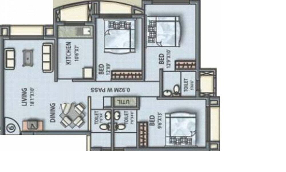Floor plan of 3 BHK 1465 Sq. Ft. Apartment in Kukreja Hari Kunj II, Mumbai