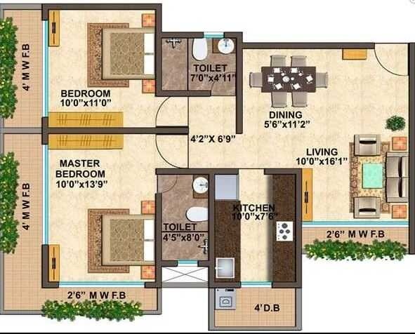 Floor plan of 2 BHK 840 Sq. Ft. Apartment in KUL Elegance, Mumbai