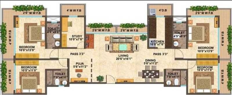 Floor plan of 4 BHK 1690 Sq. Ft. Apartment in KUL Elegance, Mumbai
