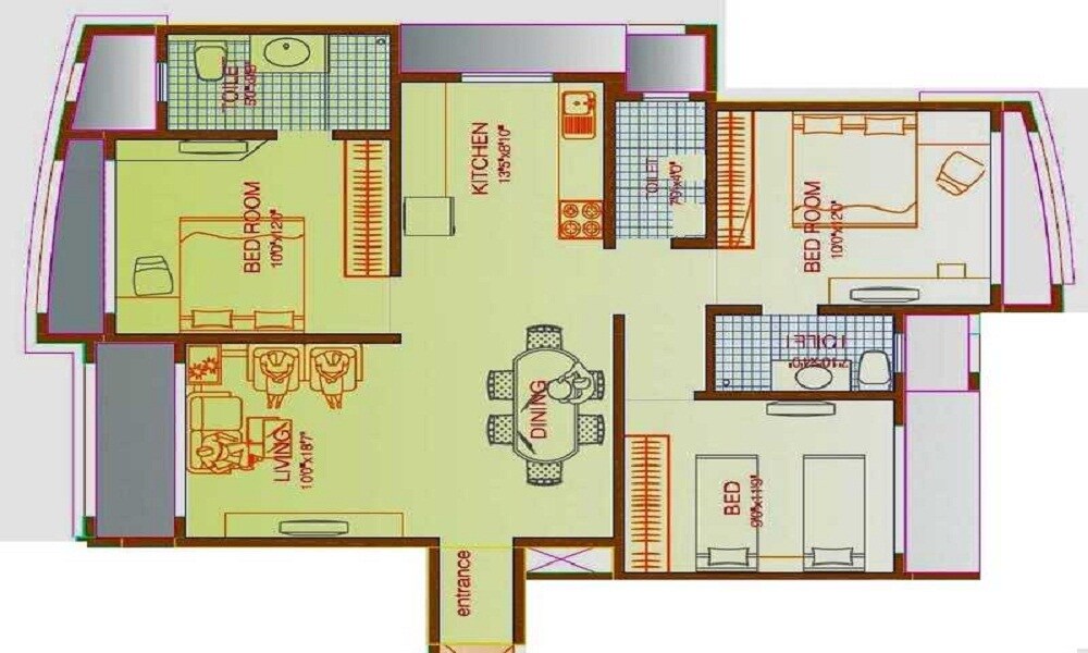 Floor plan of 3 BHK 1225 Sq. Ft. Apartment in Kumar Buena Vista, Mumbai