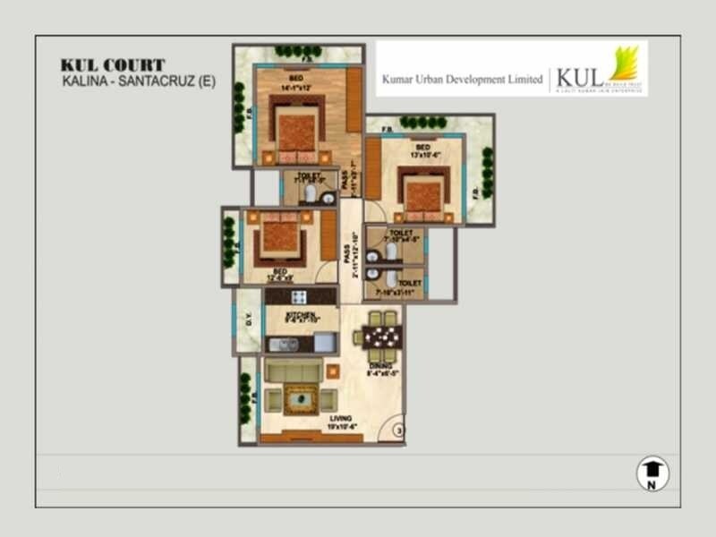 Floor plan of 3 BHK 1450 Sq. Ft. Apartment in Kumar Kul Court, Mumbai