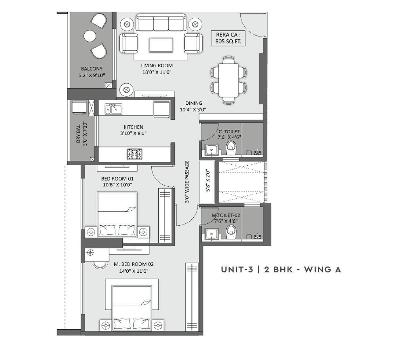 2 BHK 805 Sq. Ft. Apartment