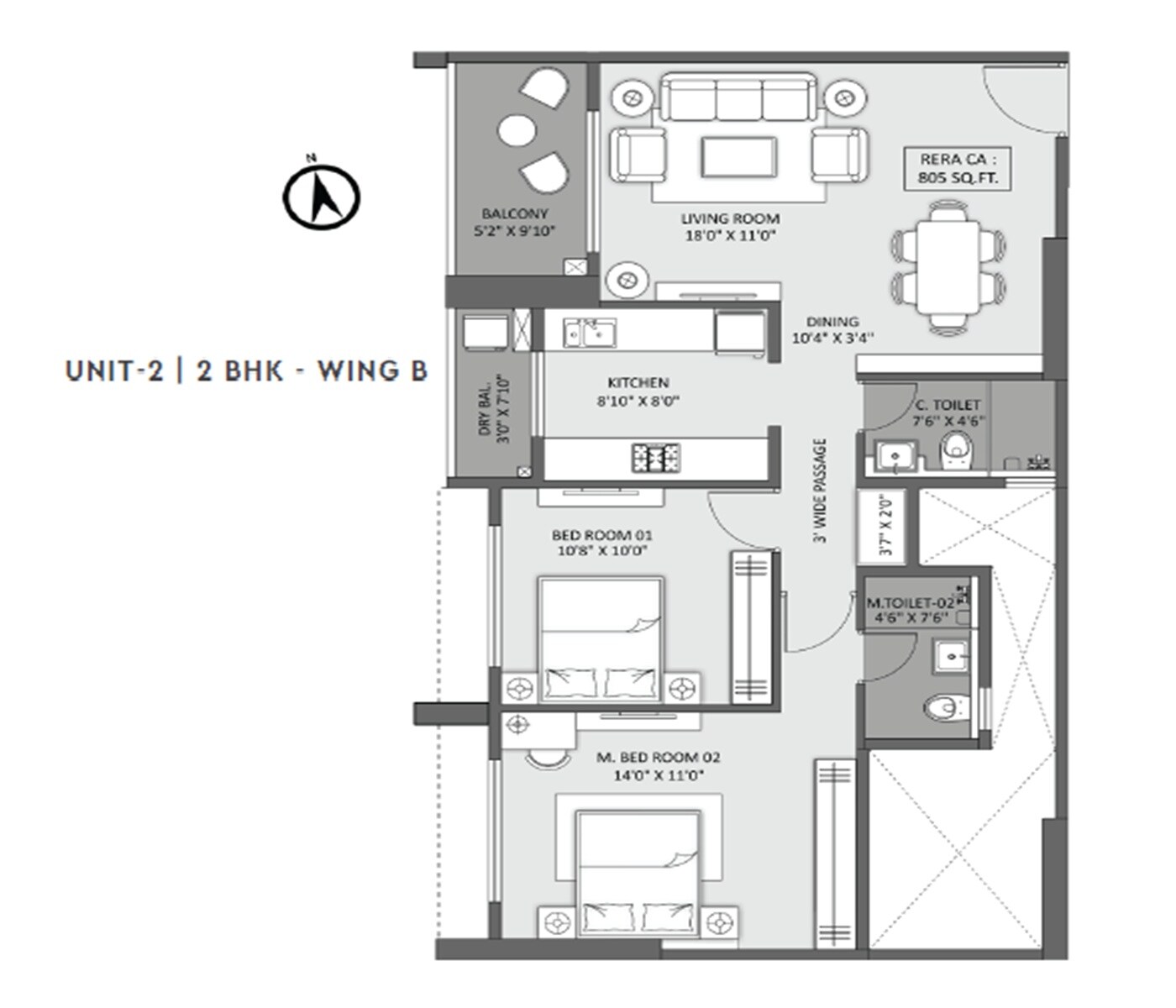 2 BHK 805 Sq. Ft. Apartment