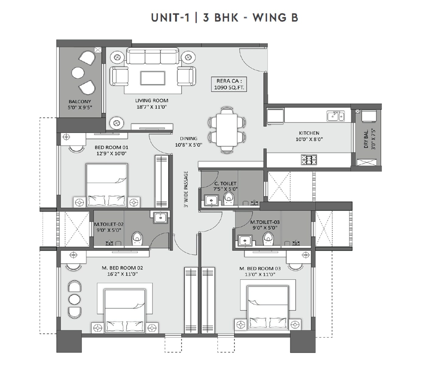 3 BHK 1090 Sq. Ft. Apartment