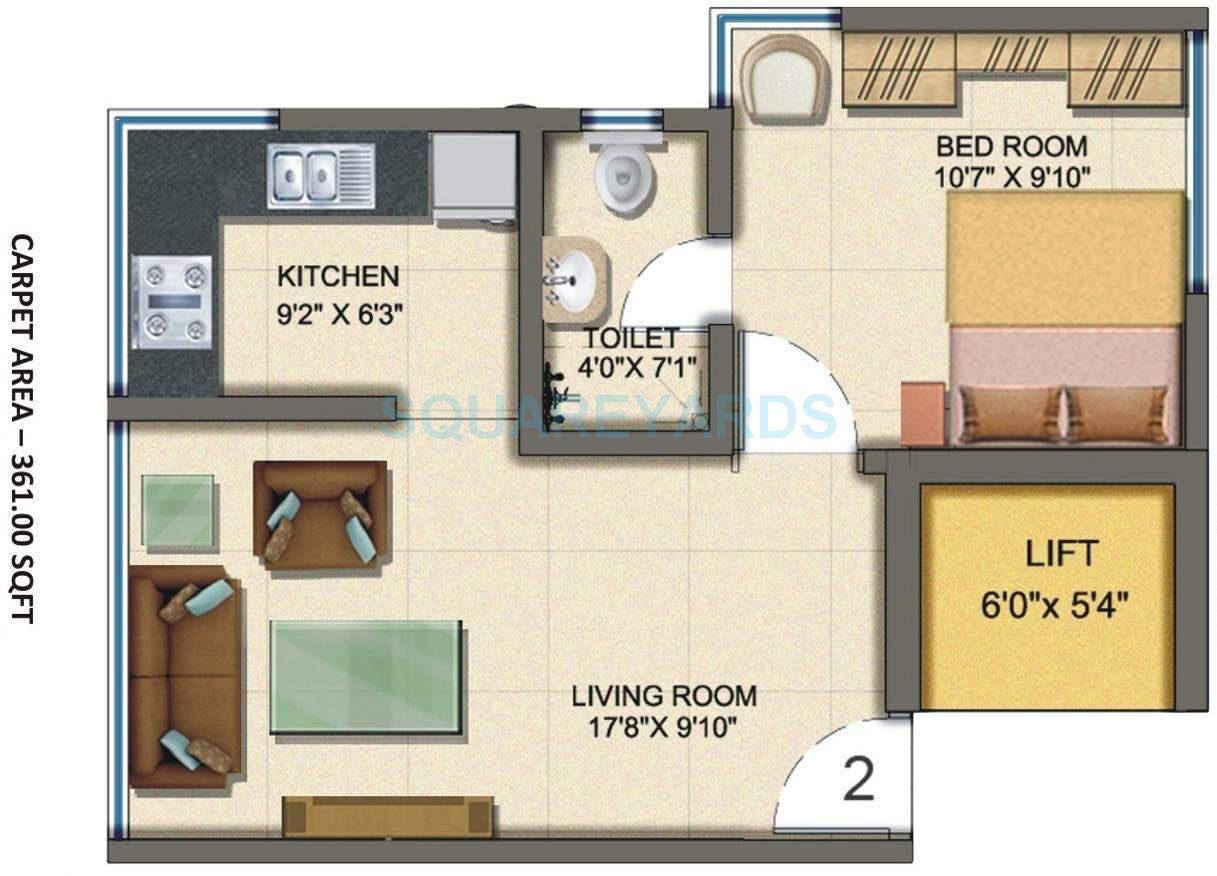 Floor plan of 1 BHK 361 Sq. Ft. Apartment in Kumar Urban KUL Radiance, Mumbai