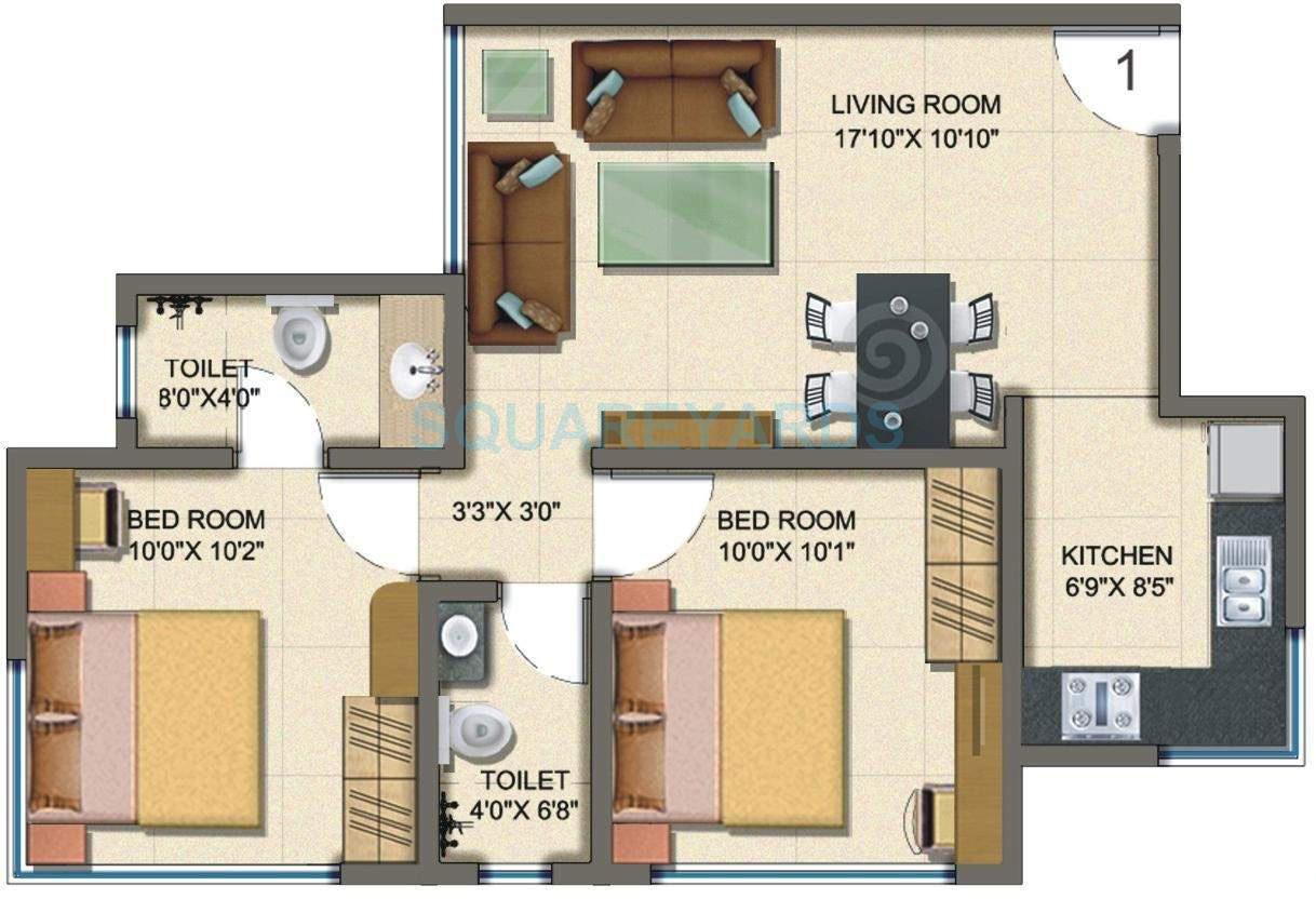 Floor plan of 2 BHK 624 Sq. Ft. Apartment in Kumar Urban KUL Radiance, Mumbai