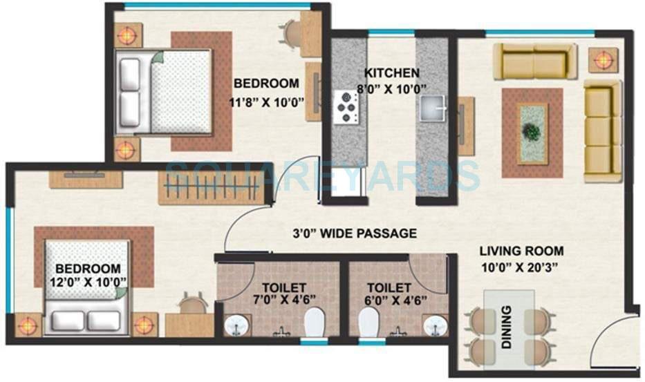 Floor plan of 2 BHK 637 Sq. Ft. Apartment in Kumar Urban Kul Tulip, Mumbai