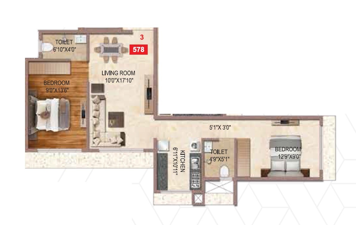 Floor plan of 2 BHK Apartment - 578 sq. ft. in Kush Symphony, Mumbai
