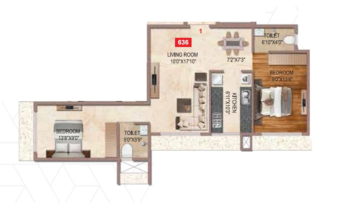 Floor plan of 2 BHK Apartment - 636 sq. ft. in Kush Symphony, Mumbai