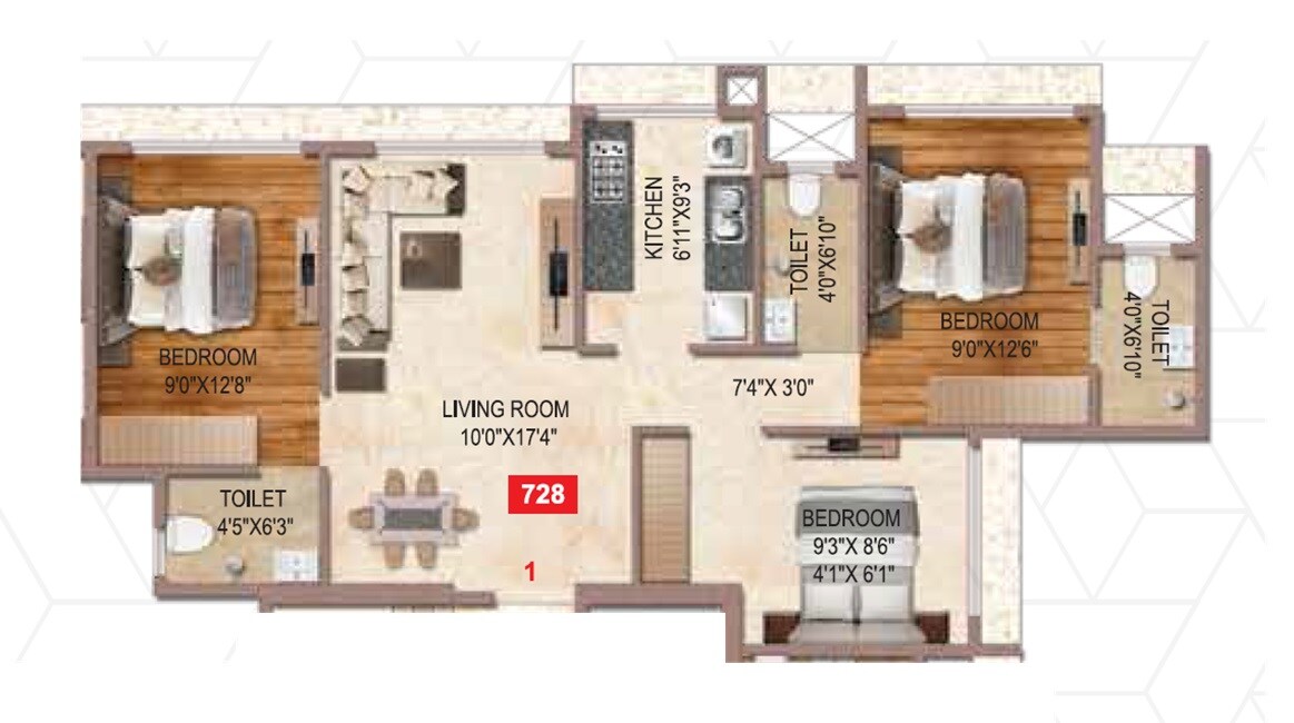Floor plan of 3 BHK Apartment - 728 sq. ft. in Kush Symphony, Mumbai