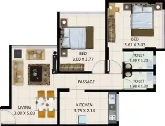Floor plan of 2 BHK 639 Sq. Ft. Apartment in Kusum Rosalia Apartment, Mumbai