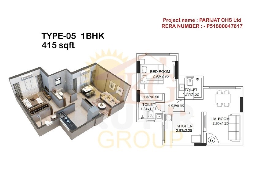 Floor plan of 1 BHK 415 Sq. Ft. Apartment in Kutir Parijat CHS, Mumbai