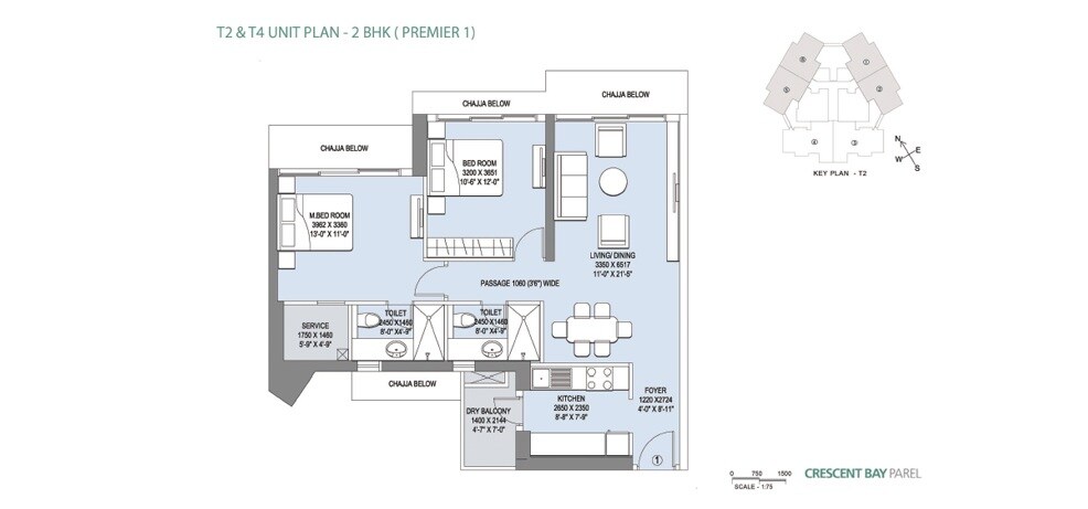 Floor plan of 2 BHK 788 Sq. Ft. Apartment in L&T Crescent Bay T2, Mumbai